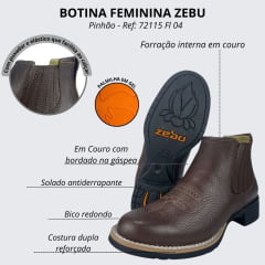 Botina Feminina Zebu Couro Floater Pinhão Com Bordado Florão Bico Redondo Ref:72115 Fl 04