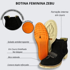 Botina Feminina Zebu Preta Com Solado Claro e Florão Bordado Ref.72115NB01B