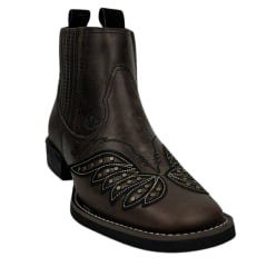 Botina Texana Feminina Vimar Western Bico Quadrado Couro Dallas Nob Brown/Preto Com Bordado Sola VTS-V015F7 Ref. 12208