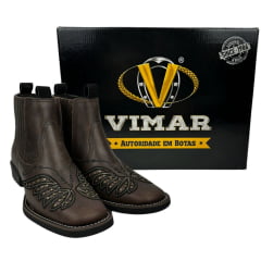 Botina Texana Feminina Vimar Western Bico Quadrado Couro Dallas Nob Brown/Preto Com Bordado Sola VTS-V015F7 Ref. 12208