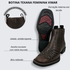 Botina Texana Feminina Vimar Western Bico Quadrado Couro Dallas Nob Brown/Preto Com Bordado Sola VTS-V015F7 Ref. 12208