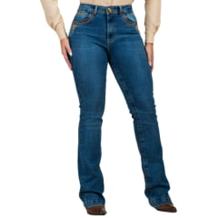 Calça Feminina Buphallos Jeans Azul Bootcut Com Bordado Marrom E Bege Ref:BPL1476