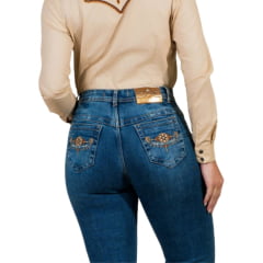Calça Feminina Buphallos Jeans Azul Bootcut Com Bordado Marrom E Bege Ref:BPL1476