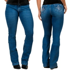 Calça Feminina Buphallos Jeans Azul Bootcut Com Bordado Strass Nos Bolsos Ref:BPL1485