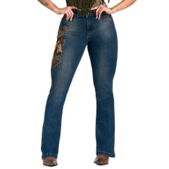 Calça Feminina Buphallos Jeans Azul Escuro Bootcut Com Bordado Lateral De Cavalo REF: BPL1133