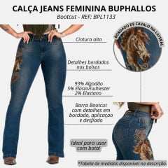 Calça Feminina Buphallos Jeans Azul Escuro Bootcut Com Bordado Lateral De Cavalo REF: BPL1133