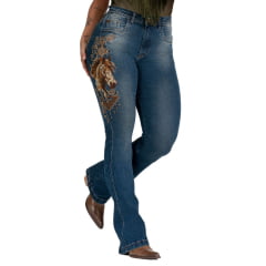 Calça Feminina Buphallos Jeans Azul Escuro Bootcut Com Bordado Lateral De Cavalo REF: BPL1133