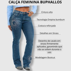 Calça Feminina Buphallos Jeans Azul Médio Boot Cut com Brilho Explosão Horses - Ref:BPL974