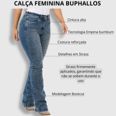 Calça Feminina Buphallos Jeans Azul Médio Boot Cut Com Brilhos Premium Luxo-Ref.BPL979