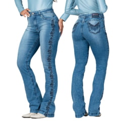 Calça Feminina Buphallos Jeans Azul Médio Bootcut Com Bordado De Flores Azul E Brilho Ref:BPL1271