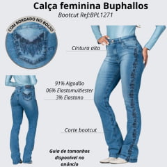Calça Feminina Buphallos Jeans Azul Médio Bootcut Com Bordado De Flores Azul E Brilho Ref:BPL1271