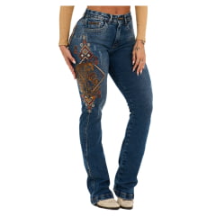 Calça Feminina Buphallos Jeans Azul Médio Bootcut Com Bordado Em Strass Na Lateral Horses - REF: BPL950