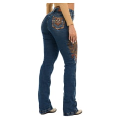 Calça Feminina Buphallos Jeans Azul Médio Bootcut Com Bordado Em Strass Na Lateral Horses - REF: BPL950