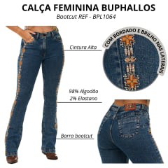 Calça Feminina Buphallos Jeans Azul Médio Bootcut Com Bordados Em Strass Indiano - REF: BPL1064