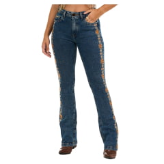 Calça Feminina Buphallos Jeans Azul Médio Bootcut Com Bordados Em Strass Indiano - REF: BPL1064