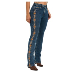 Calça Feminina Buphallos Jeans Azul Médio Bootcut Com Bordados Em Strass Indiano - REF: BPL1064