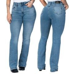 Calça Feminina Buphallos Jeans Azul Médio Bootcut Com Detalhes Horse No Bolos Ref:BPL1112