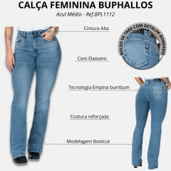 Calça Feminina Buphallos Jeans Azul Médio Bootcut Com Detalhes Horse No Bolos Ref:BPL1112
