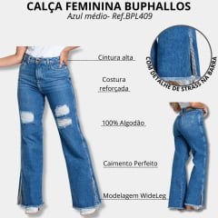 Calça Feminina Buphallos Jeans Azul Médio Wide Leg Com Puídos e Strass Na Barra Ref.BPL409