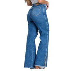 Calça Feminina Buphallos Jeans Azul Médio Wide Leg Com Puídos e Strass Na Barra Ref.BPL409