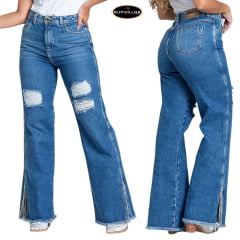 Calça Feminina Buphallos Jeans Azul Médio Wide Leg Com Puídos e Strass Na Barra Ref.BPL409