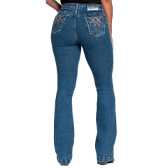 Calça Feminina Buphallos Jeans Azul Stonado Bootcut Com Bolso Bordado Ref: BPL1222