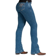 Calça Feminina Buphallos Jeans Azul Stonado Bootcut Com Bolso Bordado Ref: BPL1222