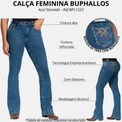 Calça Feminina Buphallos Jeans Azul Stonado Bootcut Com Bolso Bordado Ref: BPL1222