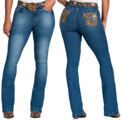 Calça Feminina Buphallos Jeans Azul Stonado Bootcut Com Bolso E Cinto Bordados Ref: BPL949