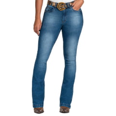 Calça Feminina Buphallos Jeans Azul Stonado Bootcut Com Bolso E Cinto Bordados Ref: BPL949