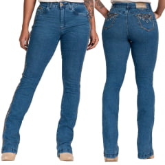 Calça Feminina Buphallos Jeans Azul Stonado Bootcut Com Bordado Lateral Ref: BPL1226