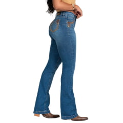 Calça Feminina Buphallos Jeans Azul Stonado Bootcut Com Bordados Em Pedras Brilhantes E Cavalos Nos Bolsos REF: BPL1224