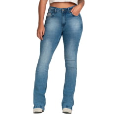 Calça Feminina Buphallos Jeans Azul Stonado Bootcut Com Pala E Bolsos Bordados Com Strass REF: BPL944