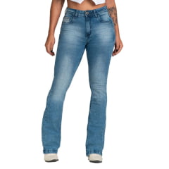 Calça Feminina Buphallos Jeans Azul Stonado Bootcut Com Pala E Bolsos Bordados Com Strass REF: BPL944