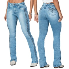 Calça Feminina Buphallos Jeans Claro Bootcut Com Bordados Bolsos E Lateral Ref:BPL1269