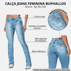 Calça Feminina Buphallos Jeans Claro Bootcut Com Bordados Bolsos E Lateral Ref:BPL1269