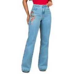 Calça Feminina Buphallos Jeans Claro Wide Leg Reta Com Horse Lateral Bordado Ref:BPL1527