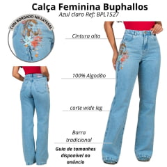 Calça Feminina Buphallos Jeans Claro Wide Leg Reta Com Horse Lateral Bordado Ref:BPL1527