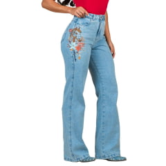 Calça Feminina Buphallos Jeans Claro Wide Leg Reta Com Horse Lateral Bordado Ref:BPL1527
