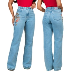 Calça Feminina Buphallos Jeans Claro Wide Leg Reta Com Horse Lateral Bordado Ref:BPL1527