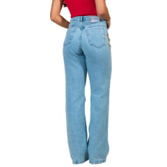 Calça Feminina Buphallos Jeans Claro Wide Leg Reta Com Horse Lateral Bordado Ref:BPL1527