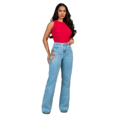 Calça Feminina Buphallos Jeans Claro Wide Leg Reta Com Horse Lateral Bordado Ref:BPL1527