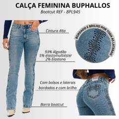 Calça Feminina Buphallos Jeans Delavê Bootcut Com Bordado Em Strass Frontal Luxo - REF: BPL945