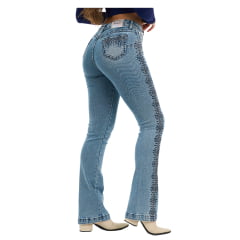 Calça Feminina Buphallos Jeans Delavê Bootcut Com Bordado Em Strass Frontal Luxo - REF: BPL945