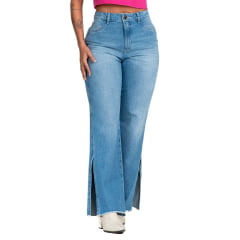 Calça Feminina Buphallos Jeans Delavê Wide Leg Básica Com Abertura Na Barra REF: BPL1141