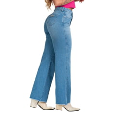 Calça Feminina Buphallos Jeans Delavê Wide Leg Básica Com Abertura Na Barra REF: BPL1141