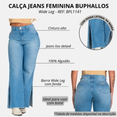 Calça Feminina Buphallos Jeans Delavê Wide Leg Básica Com Abertura Na Barra REF: BPL1141