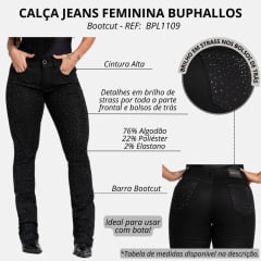 Calça Feminina Buphallos Jeans Preto Bootcut Com Pedras Brilhantes Na Frente REF: BPL1109