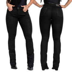 Calça Feminina Buphallos Jeans Preto Bootcut Com Pedras Brilhantes Na Frente REF: BPL1109