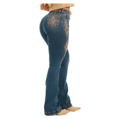 Calça Feminina Buphallos Jeans Stone Com Bordado Etnico Luxo Bootcut REF: BPL946